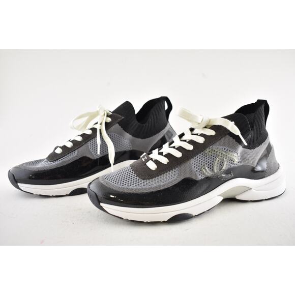 Chanel 22C Men Black White Grey Knit Clear CC Logo Low Top Trainer Sneaker 44 11 - Picture 11 of 13